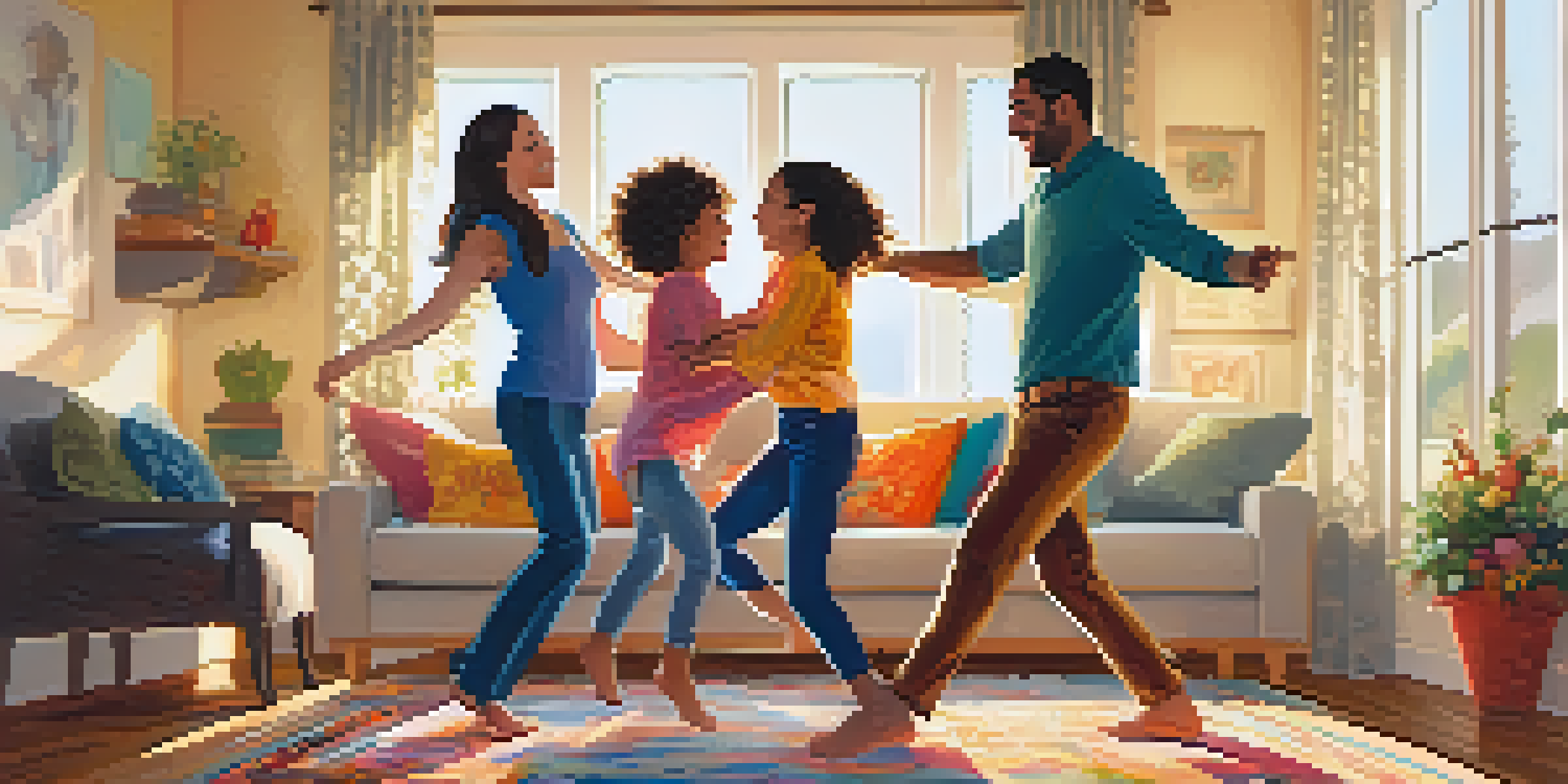 A family of four enjoying a dance in their living room, filled with warmth and happiness.