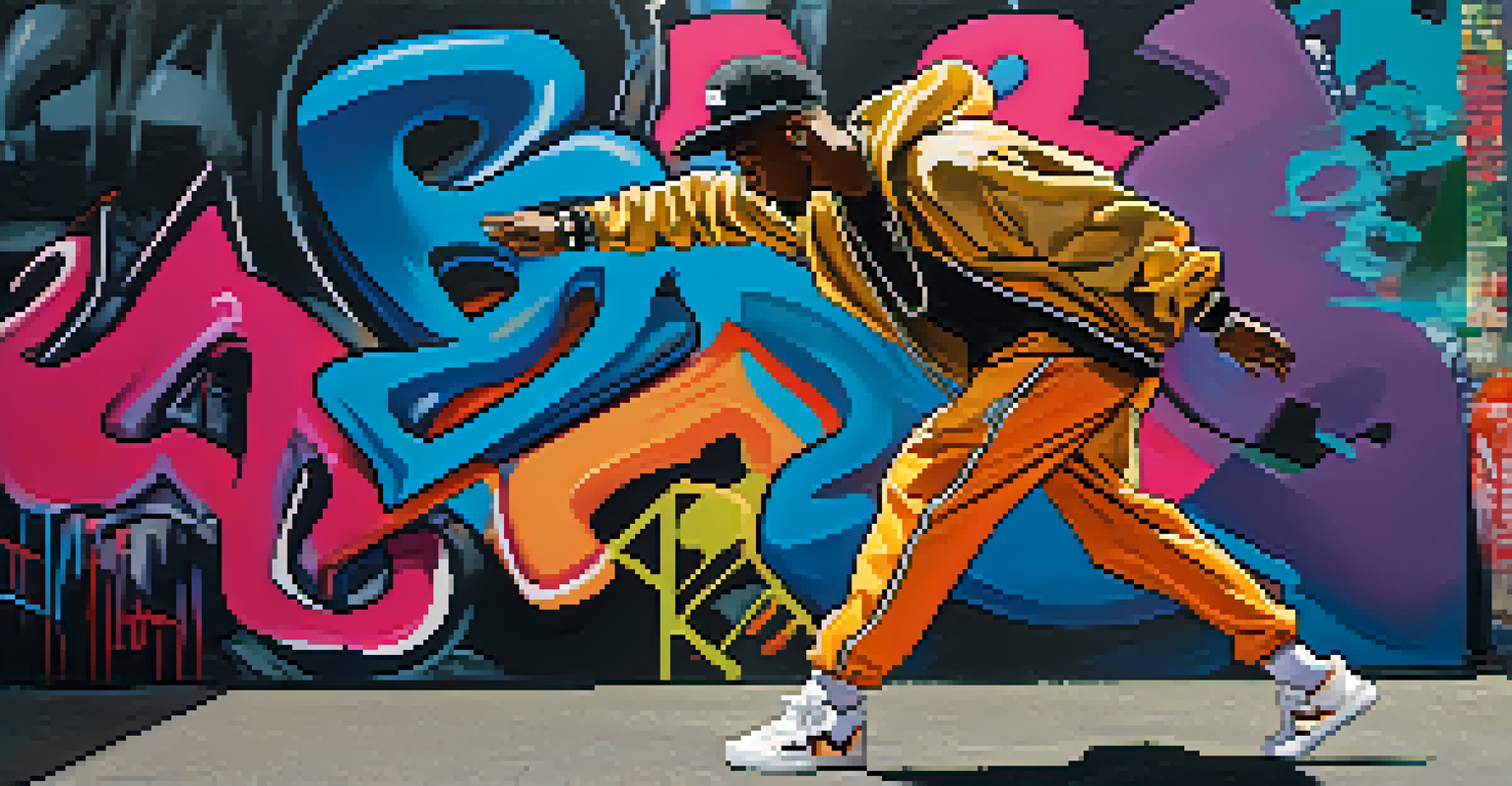 A hip-hop dancer in baggy clothes and flashy sneakers, striking a pose in front of colorful graffiti art.