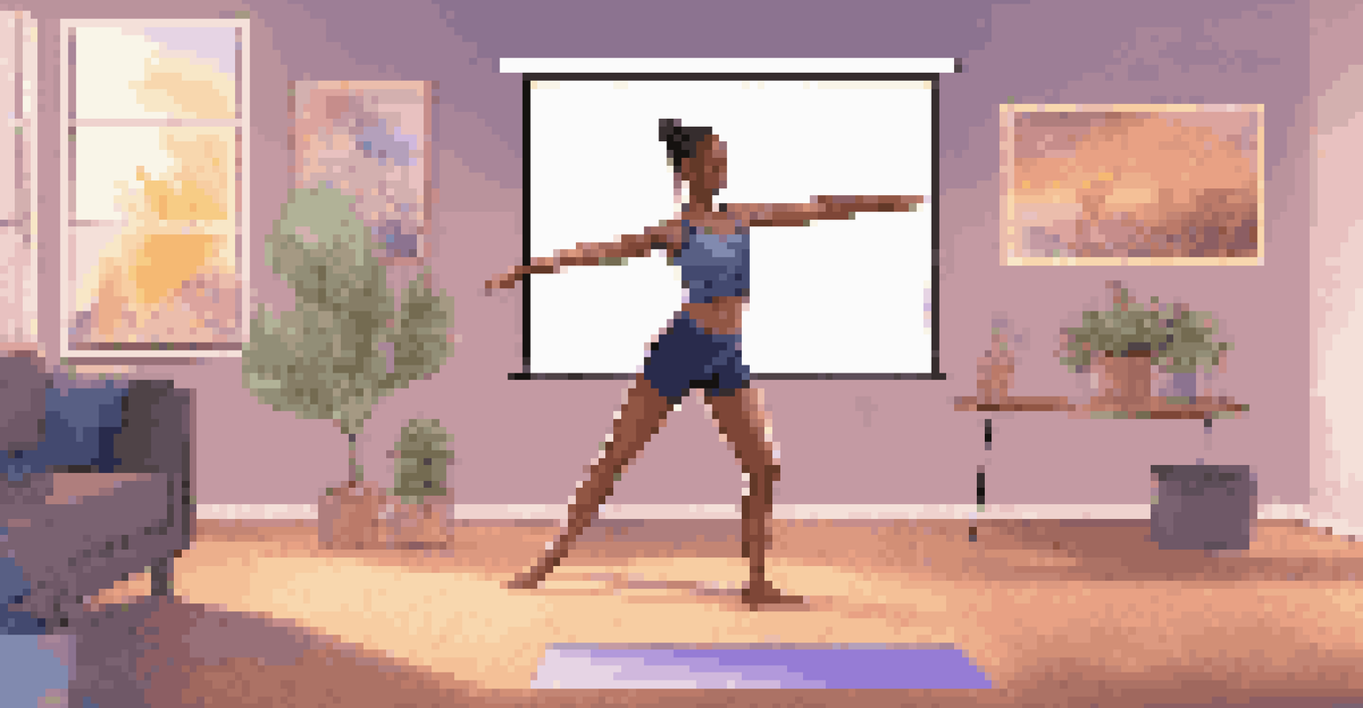 A dancer practicing in front of a computer with a holographic instructor displayed on the screen, in a cozy home environment.