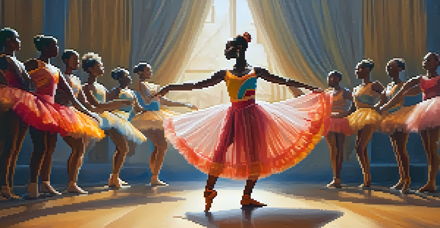 A ballet dancer in a tutu performing with African dance influences, illuminated by soft stage lights, with a backdrop of blended cultural designs.