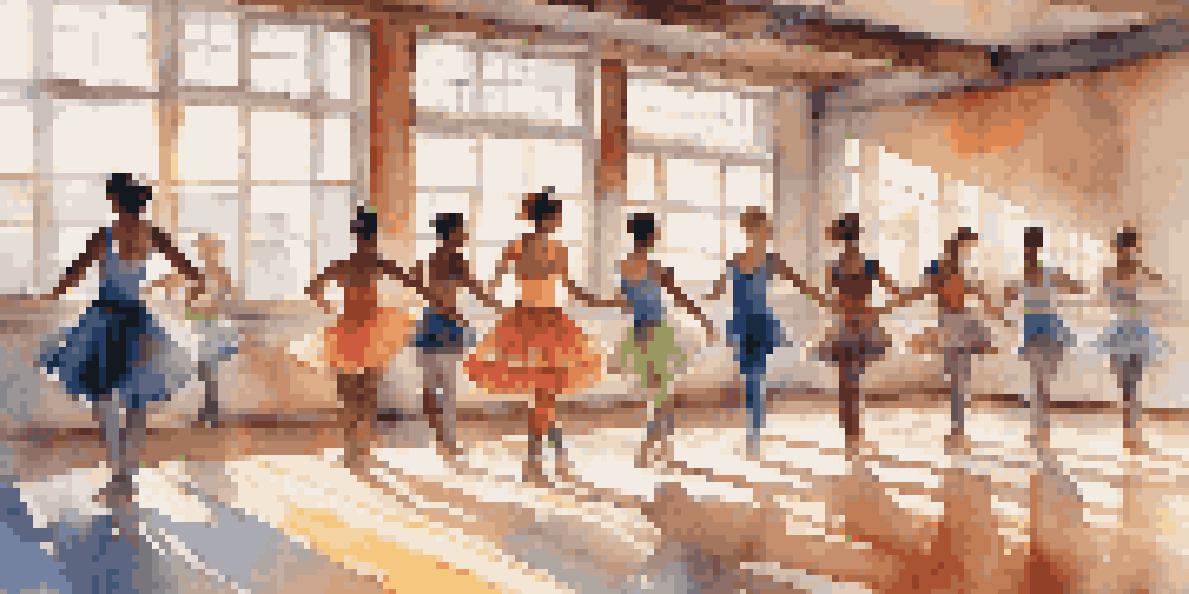 A dance studio with diverse dancers in colorful eco-friendly outfits, illuminated by sunlight.