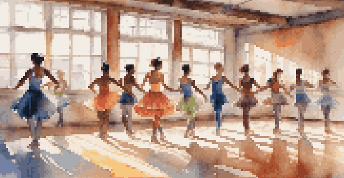 A dance studio with diverse dancers in colorful eco-friendly outfits, illuminated by sunlight.
