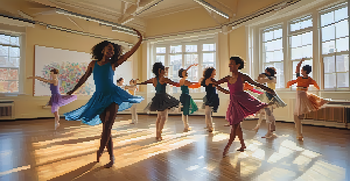 Participants in a dance therapy session express themselves through movement in a bright, sunlit studio filled with colorful fabrics and plants.