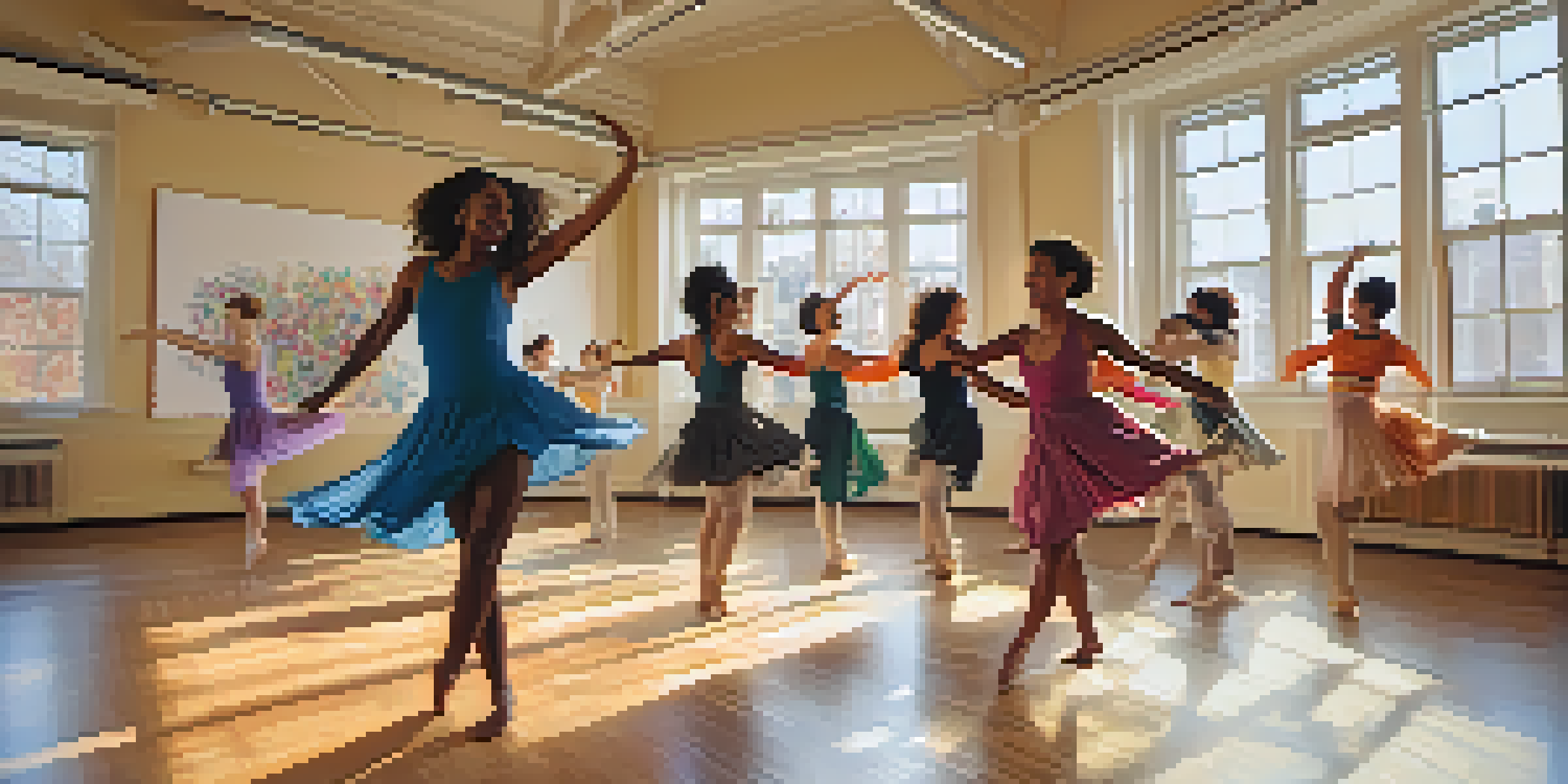 Participants in a dance therapy session express themselves through movement in a bright, sunlit studio filled with colorful fabrics and plants.