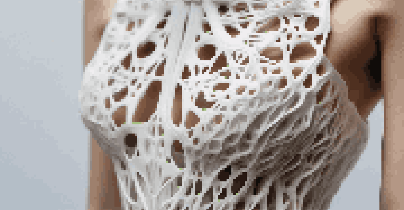 An intricate 3D-printed dance costume displayed up close, highlighting its unique textures and shapes, set against a softly blurred background.