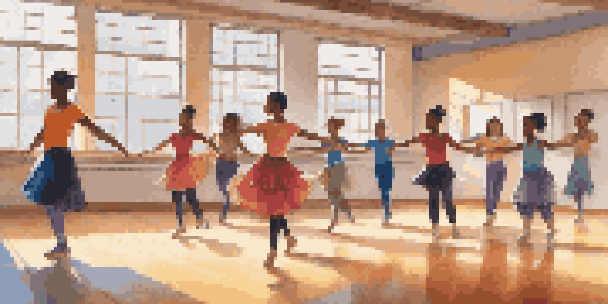 A diverse group of students practicing dance in a bright classroom, guided by a teacher, in colorful attire.