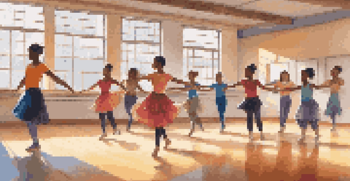 A diverse group of students practicing dance in a bright classroom, guided by a teacher, in colorful attire.