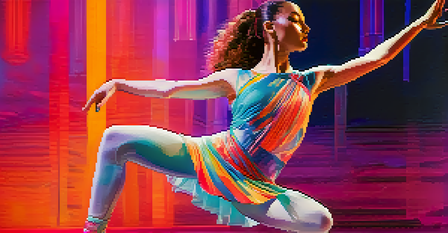 A dancer in a futuristic costume that changes colors while performing, set against a high-tech stage with digital effects.