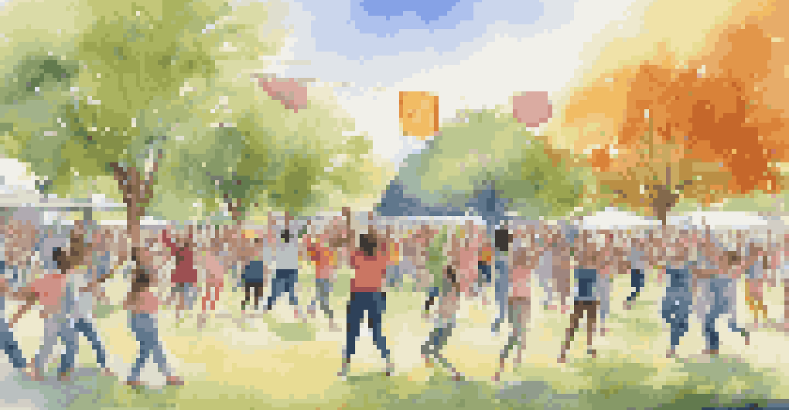 A diverse group of people participating in a community dance event in a park, with banners promoting renewable energy.