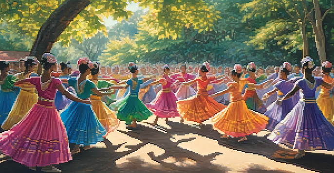 A lively traditional dance performance with dancers in bright costumes and an engaged audience in a beautiful outdoor setting.