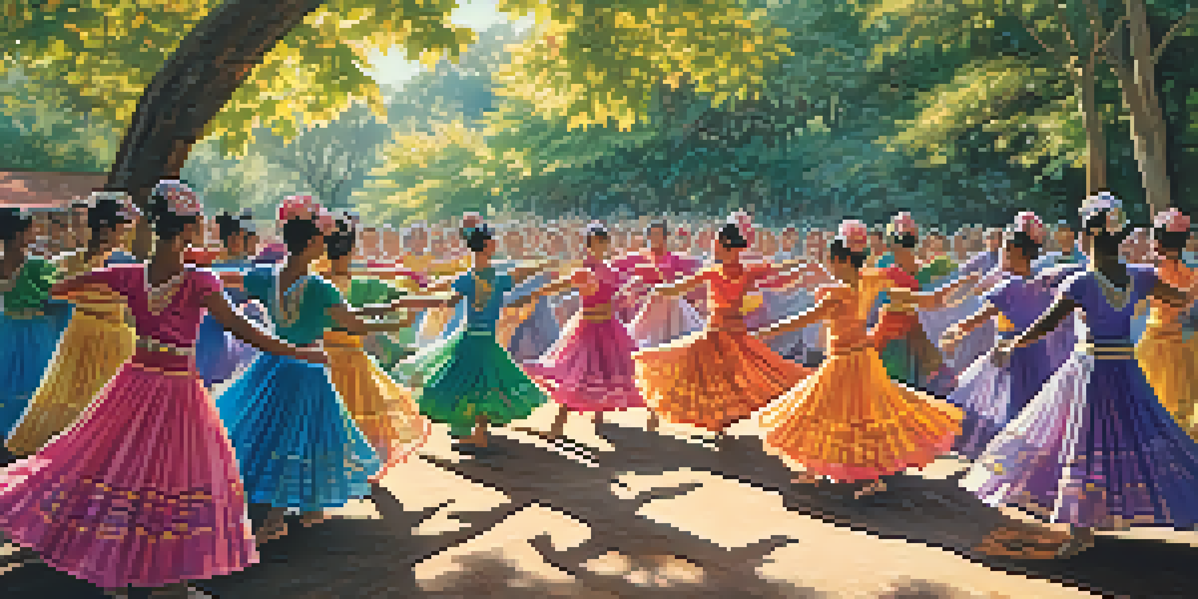A lively traditional dance performance with dancers in bright costumes and an engaged audience in a beautiful outdoor setting.