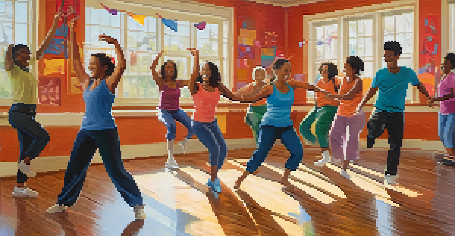 Participants enjoying a joyful group dance therapy workshop in a colorful community center.
