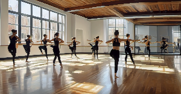 A choreographer using a tablet while dancers practice in a well-lit studio with mirrors and polished wooden floors.