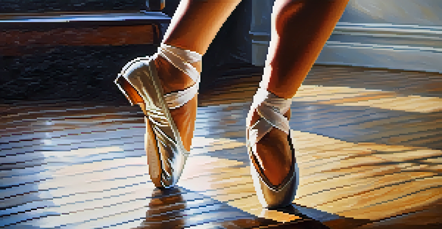A close-up of a dancer's feet in stylish dance shoes performing intricate footwork on a polished floor.