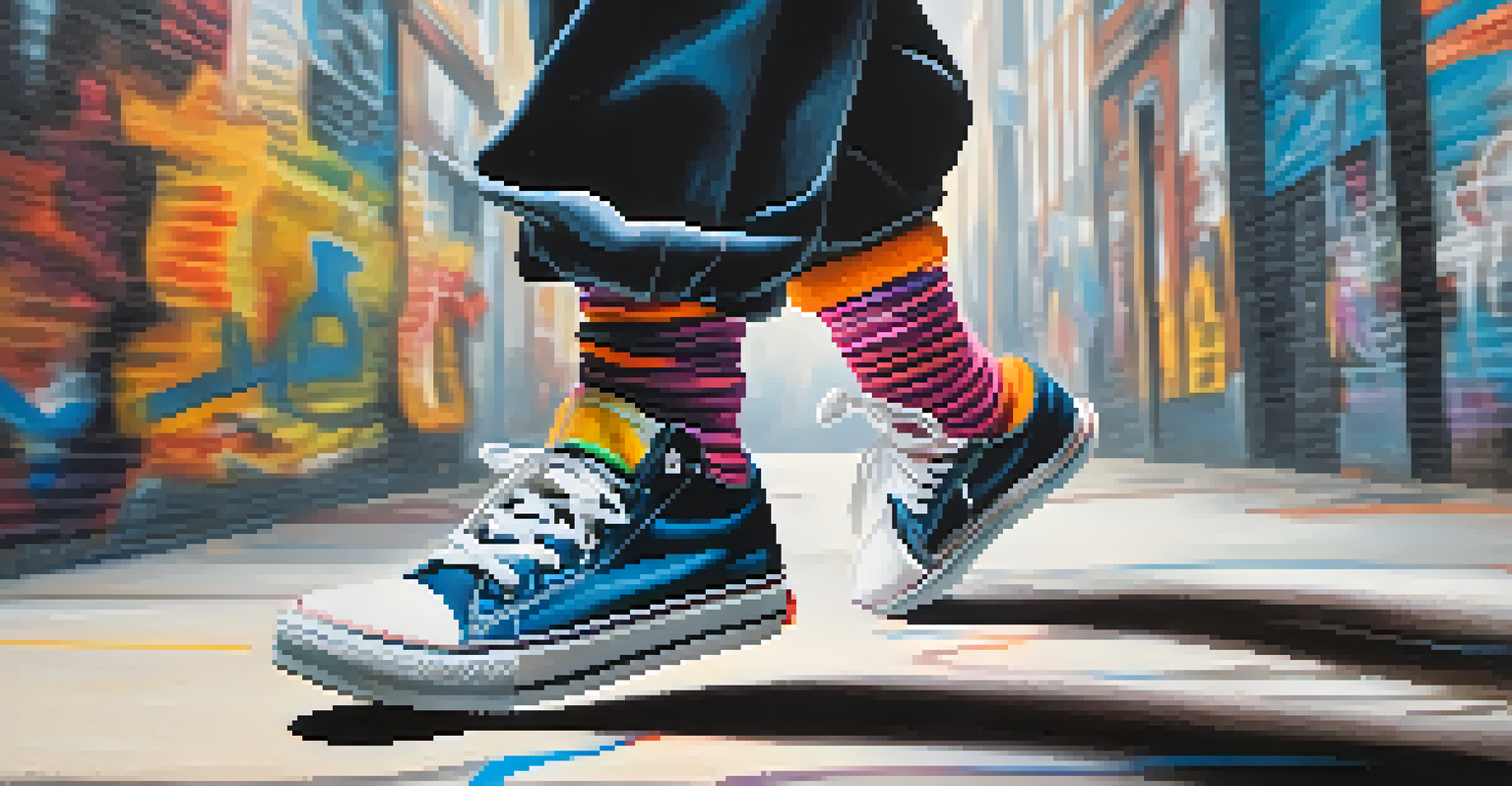 A close-up of a dancer's feet in stylish sneakers performing hip-hop on an urban textured floor.