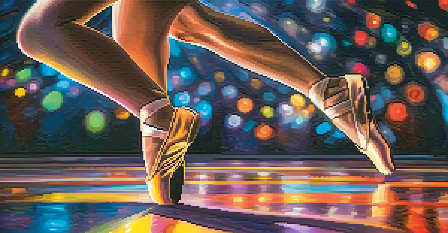 Close-up of a dancer's feet performing ballet on a virtual stage, with a colorful audience and lights in the background.