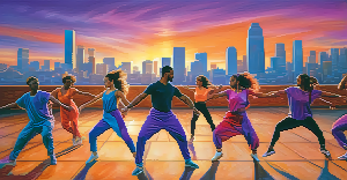 A lively urban dance performance with dancers in colorful costumes against a sunset city backdrop.