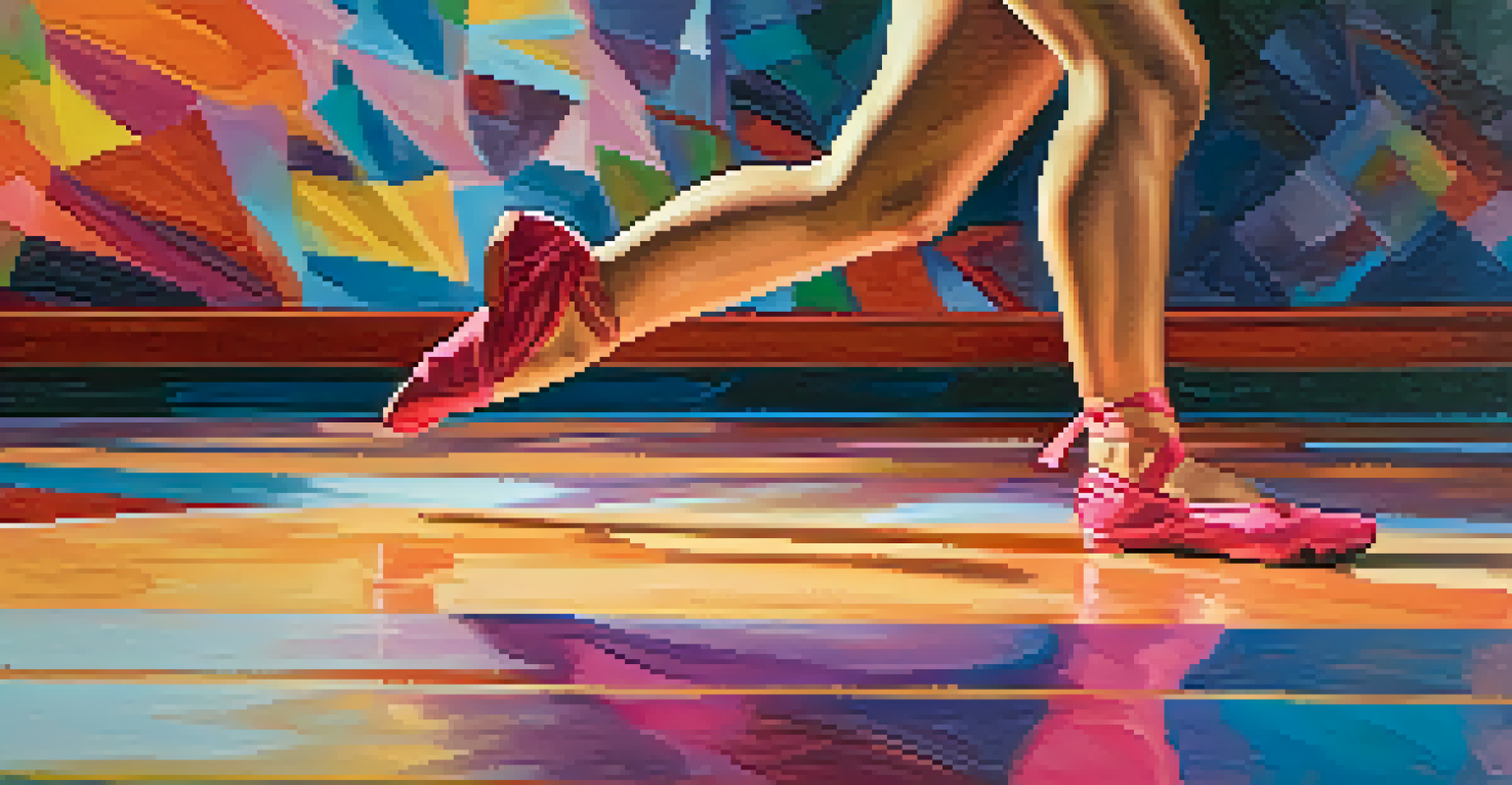 Close-up of a dancer's feet in mid-leap, showcasing vibrant colors of their costume and the energy of dance therapy.
