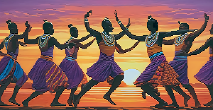 A group of dancers in colorful African costumes performing at sunset, surrounded by a vibrant sky and traditional patterns on the ground.