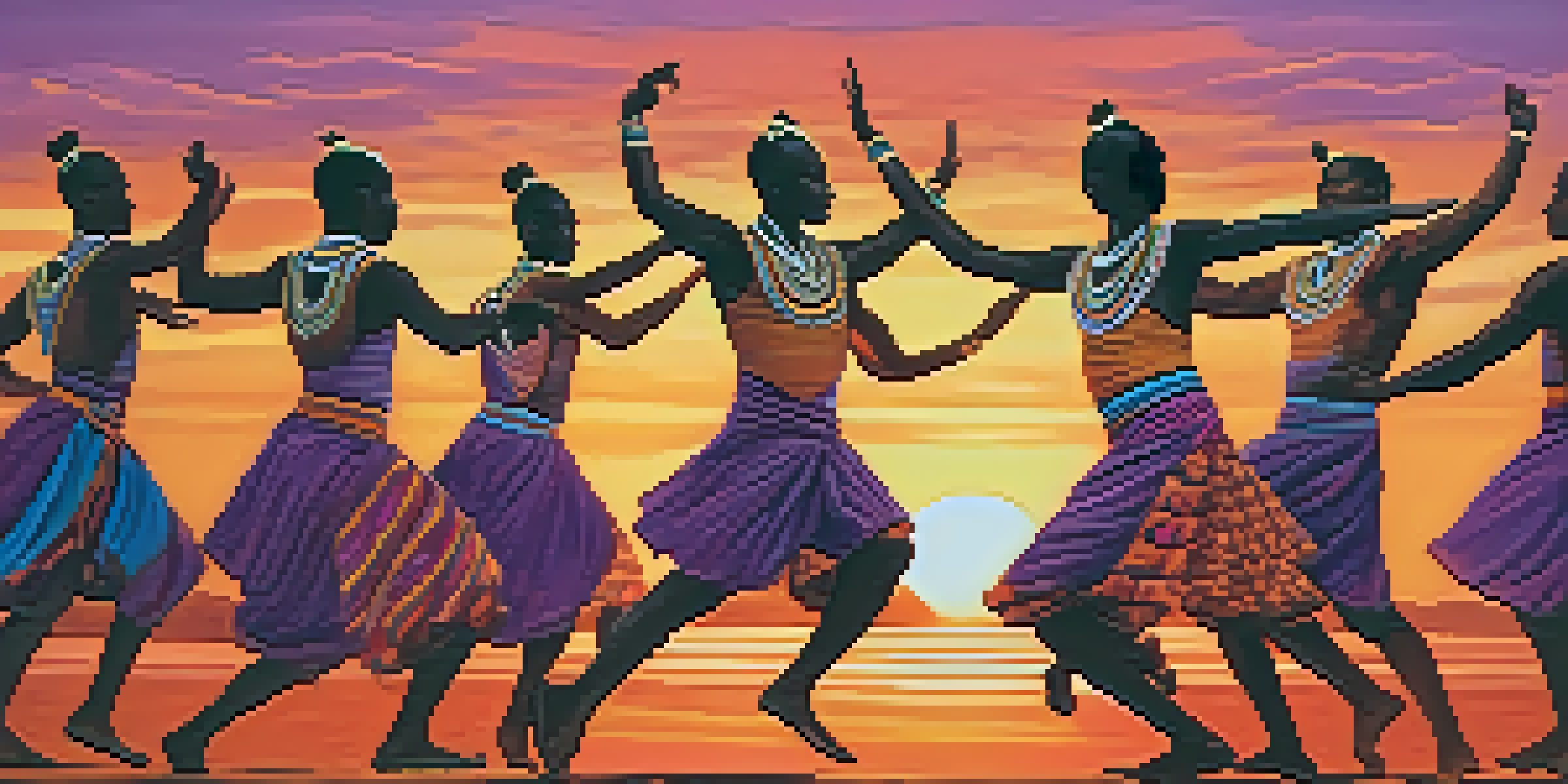A group of dancers in colorful African costumes performing at sunset, surrounded by a vibrant sky and traditional patterns on the ground.