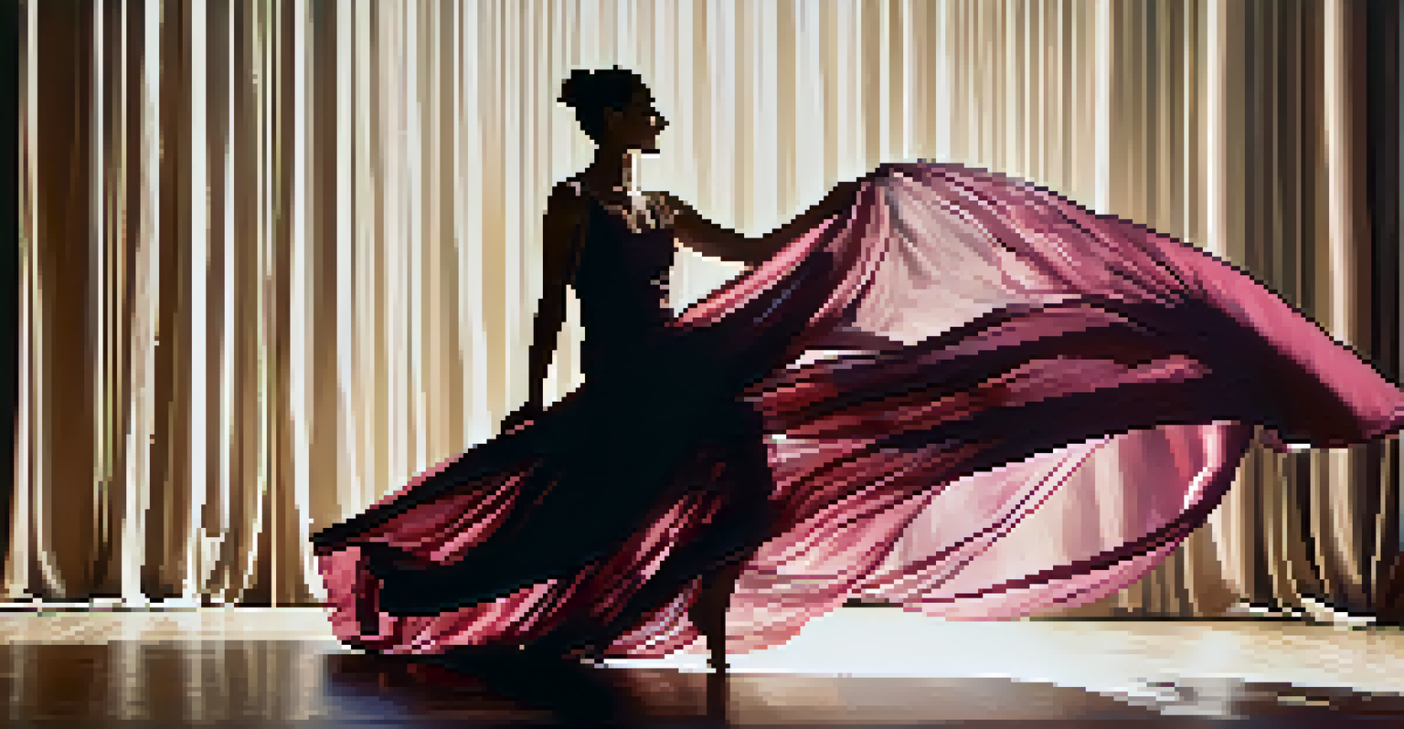 A solo contemporary dancer in an expressive pose with flowing silk fabric, illuminated by dramatic stage lighting.