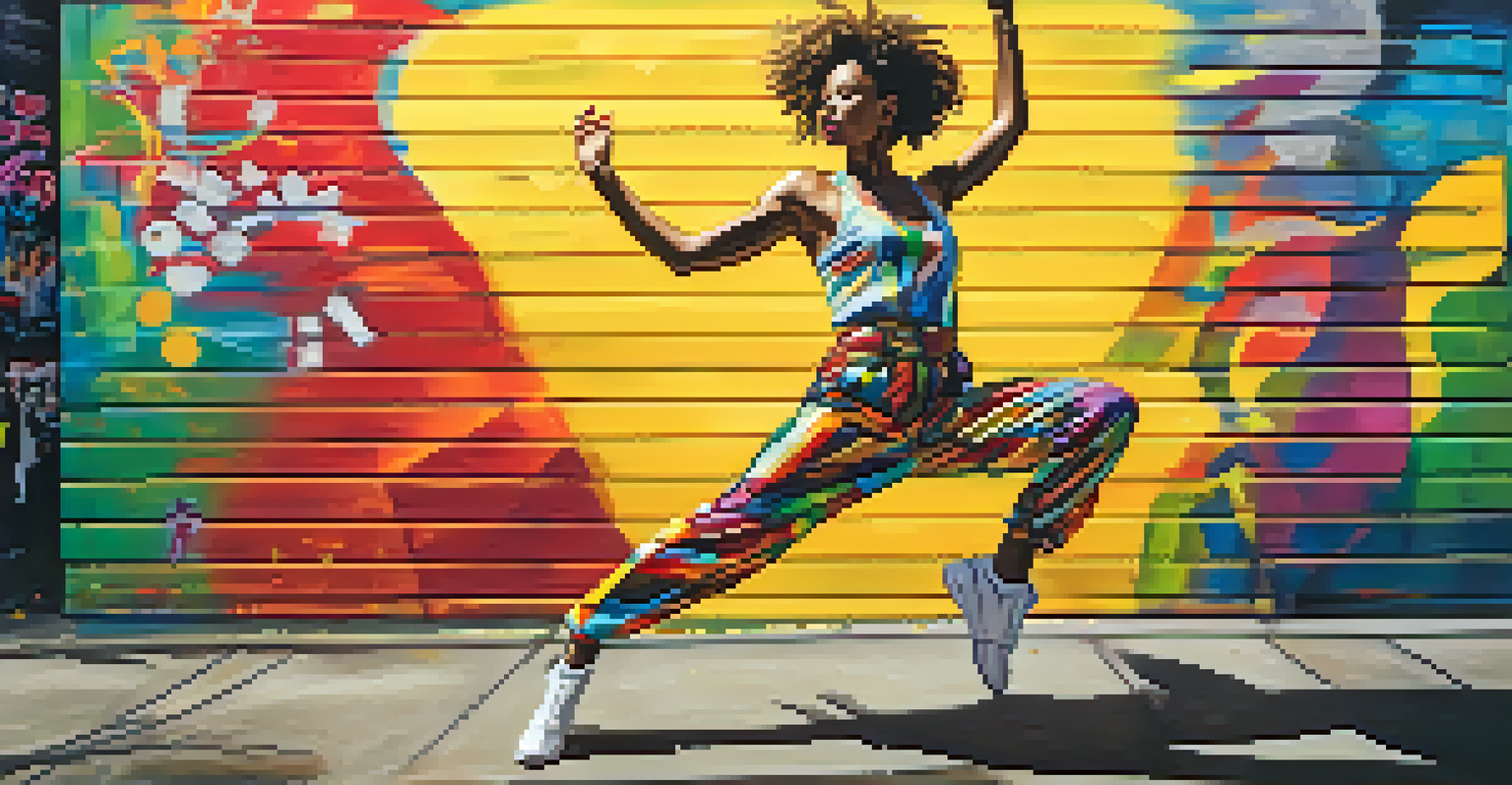 A jazz dancer performing in an urban setting with a vibrant graffiti wall, wearing a colorful outfit and dynamic pose.