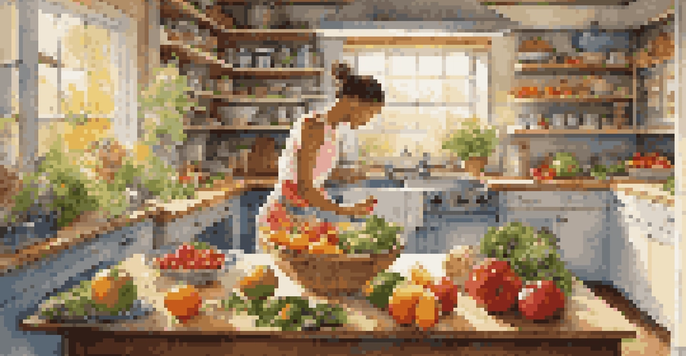 A bright kitchen with a dancer preparing healthy food, surrounded by fresh fruits and vegetables.