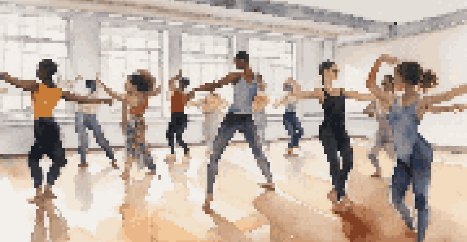 A dance class in a bright studio with diverse students practicing modern dance, surrounded by mirrors reflecting their movements.