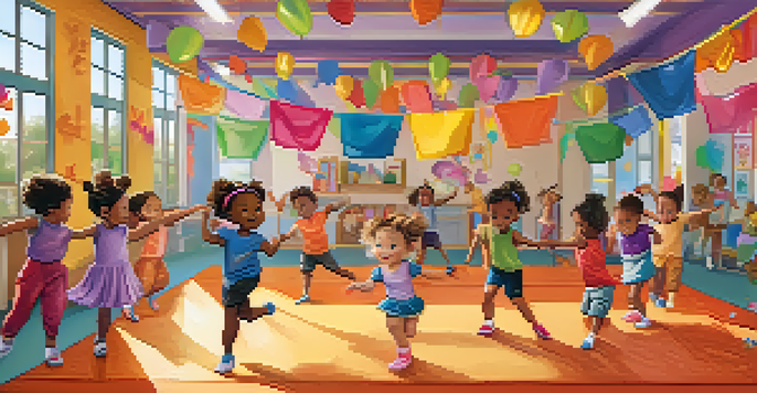 A lively dance class with young children dancing creatively in a colorful room.