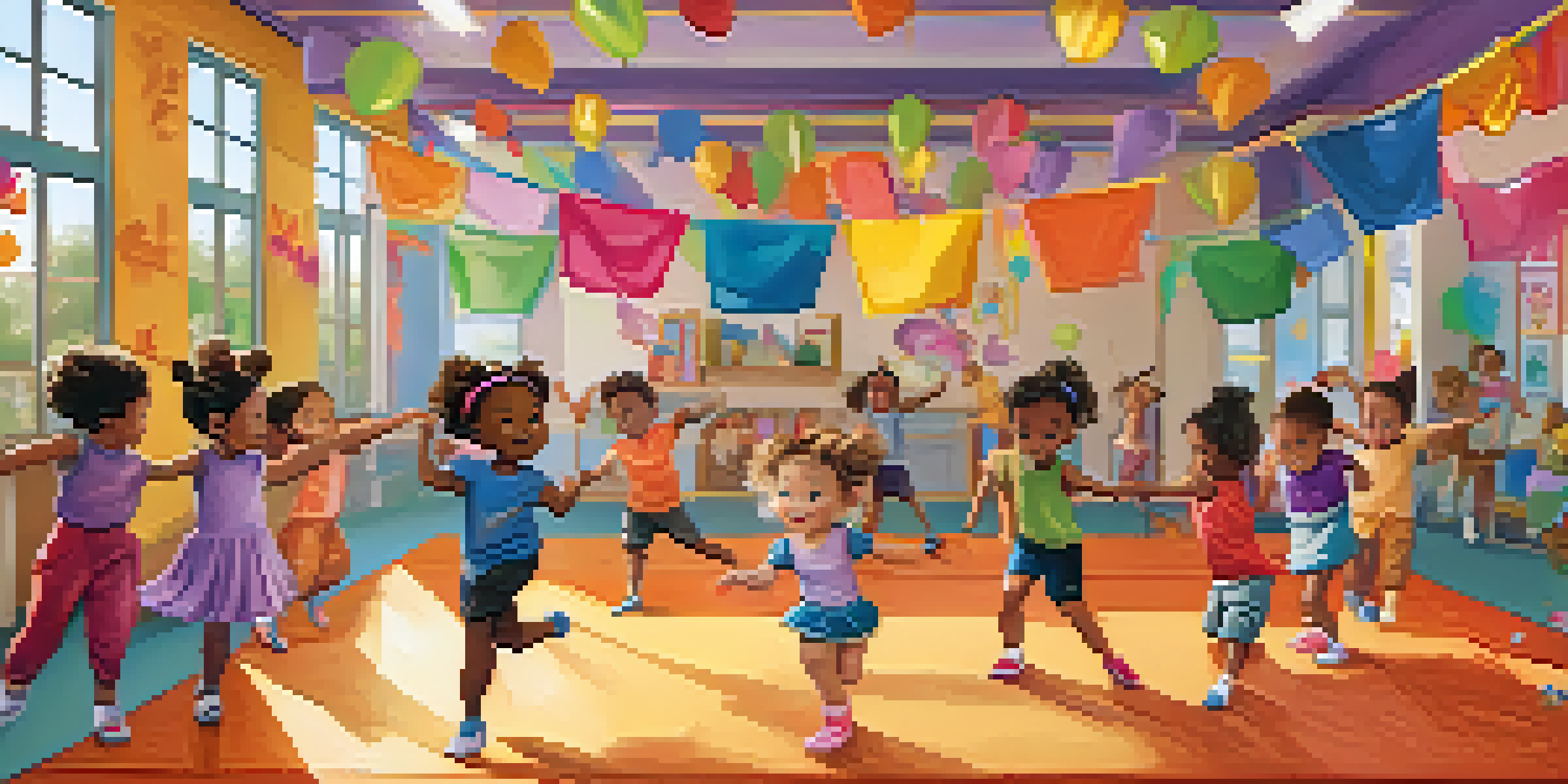 A lively dance class with young children dancing creatively in a colorful room.