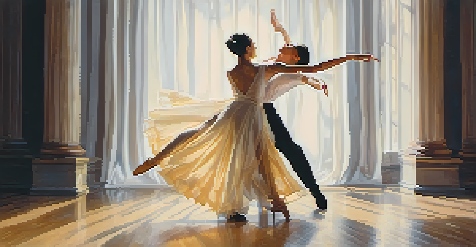 Two dancers performing a duet, showing deep connection and synchronized movements in a softly lit setting.