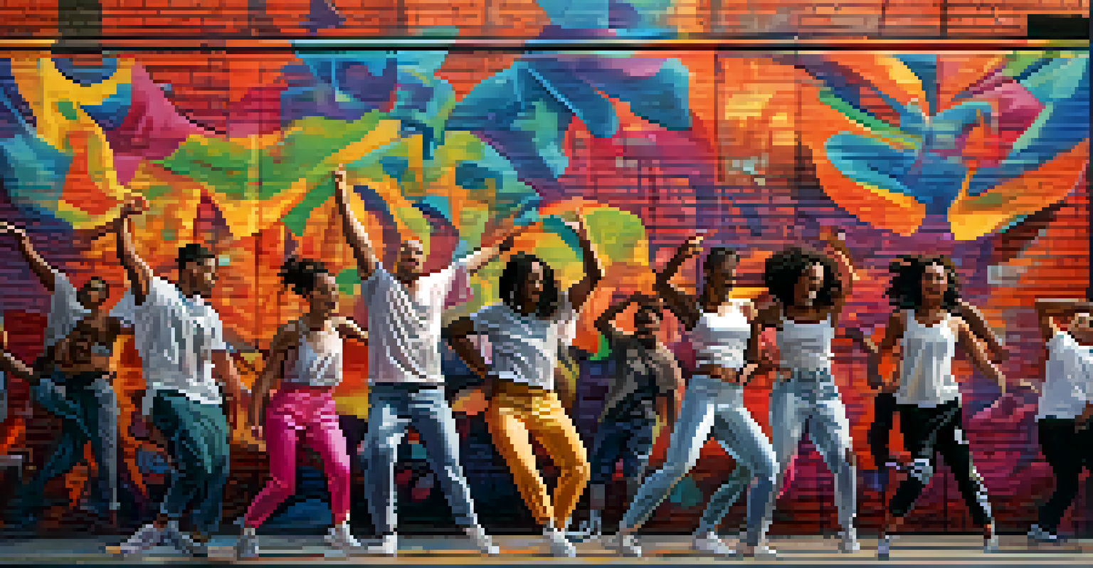A diverse group of dancers performing contemporary dance against a colorful graffiti backdrop, embodying freedom and joy.