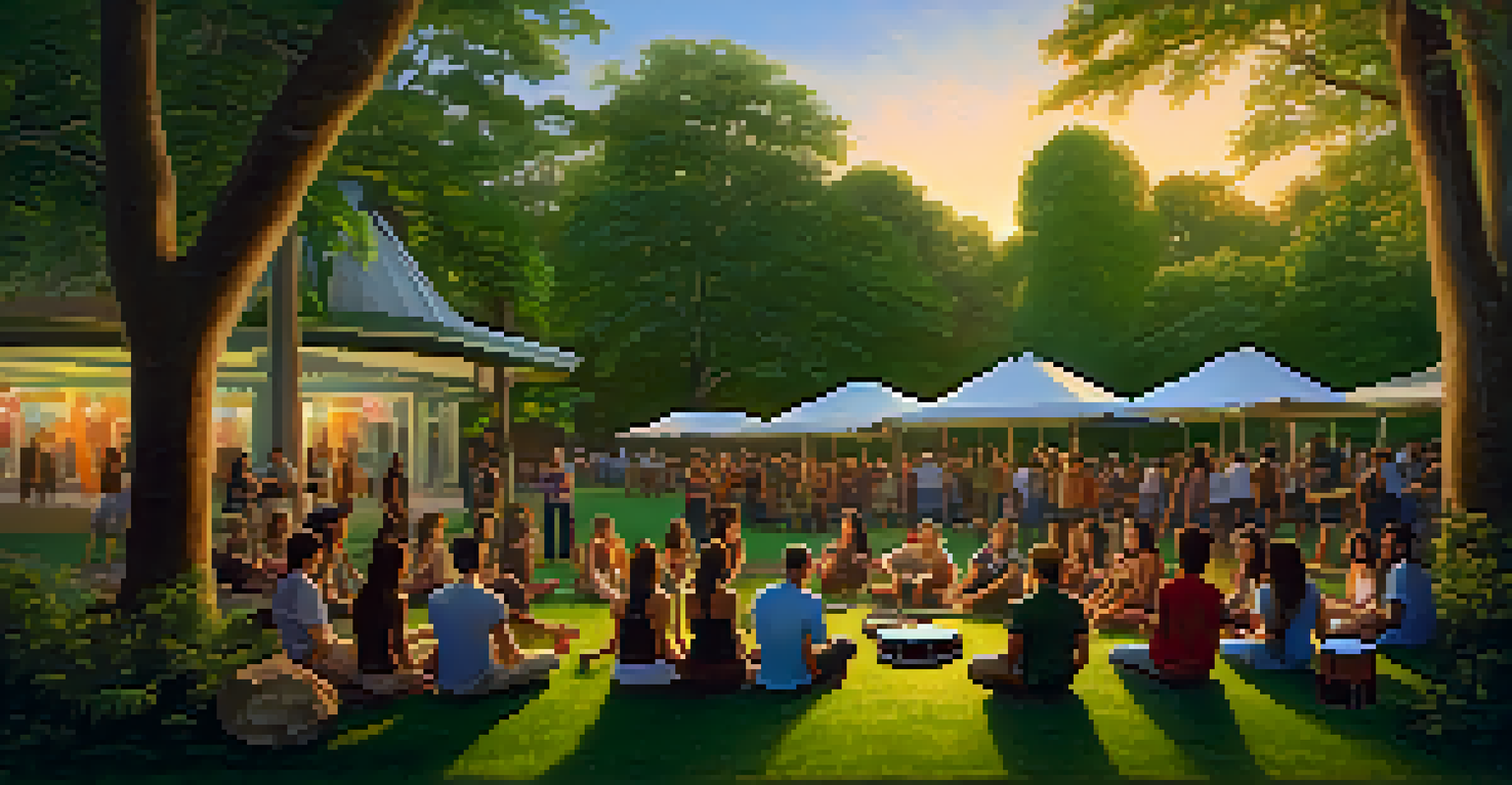 A group of friends playing drums together in a park, surrounded by trees and enjoying a joyful atmosphere.