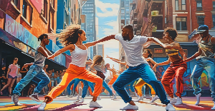 A fusion dance performance featuring ballet and hip-hop dancers in an urban setting, showcasing colorful attire and dynamic poses.