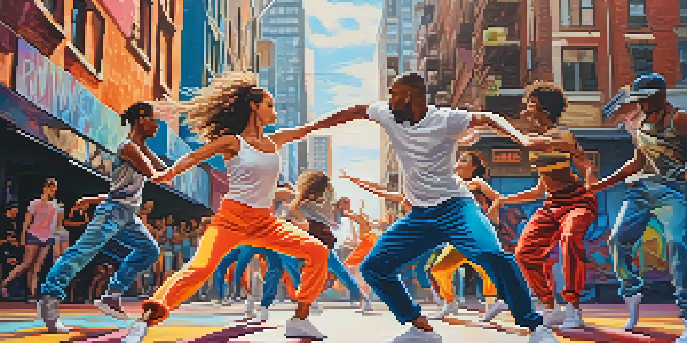 A fusion dance performance featuring ballet and hip-hop dancers in an urban setting, showcasing colorful attire and dynamic poses.