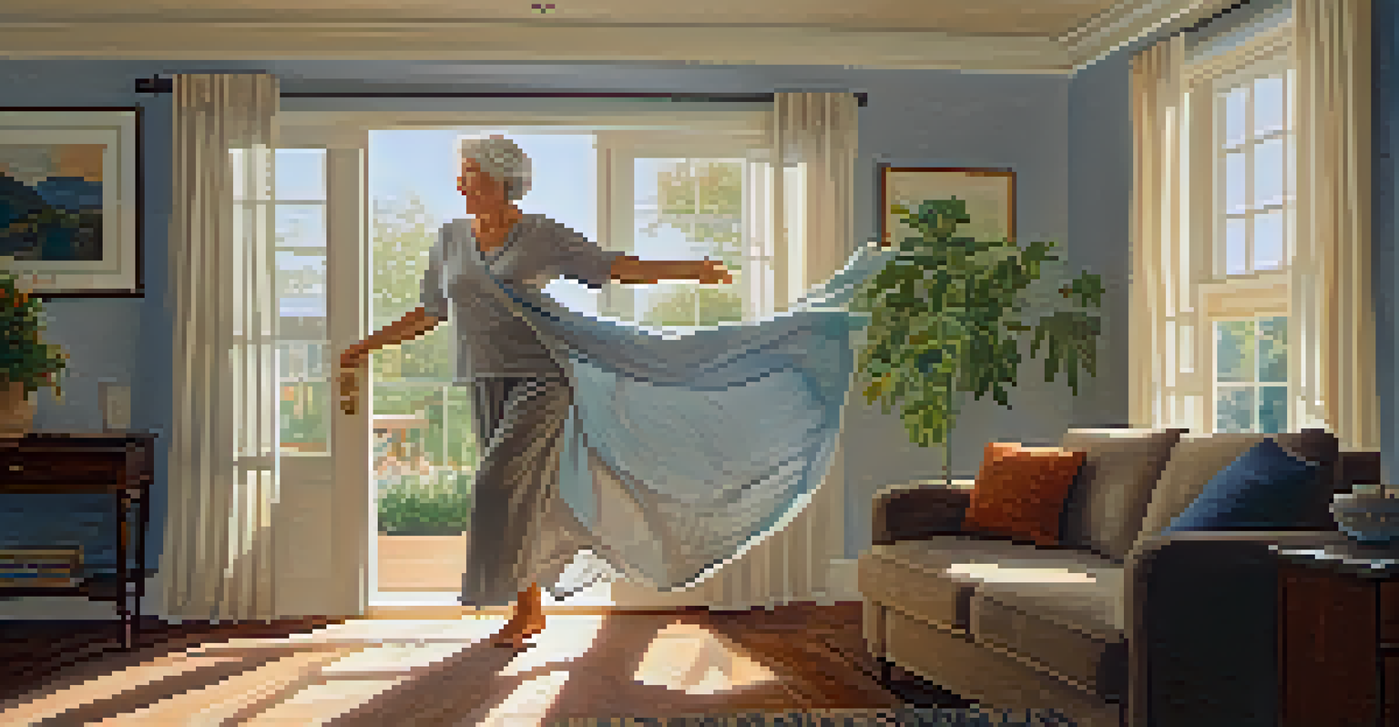 An older woman dances gracefully in her living room, illuminated by soft sunlight.