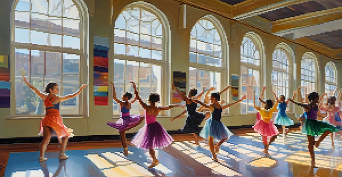 A diverse group of dancers in a bright studio, moving together in expressive dance, with sunlight illuminating their joyful faces.