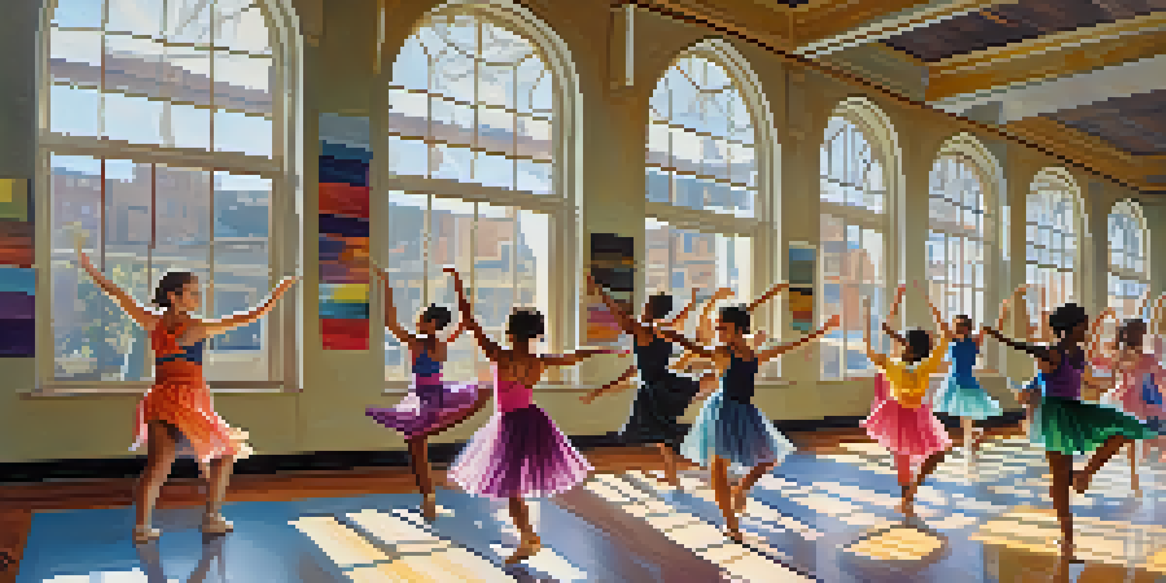A diverse group of dancers in a bright studio, moving together in expressive dance, with sunlight illuminating their joyful faces.