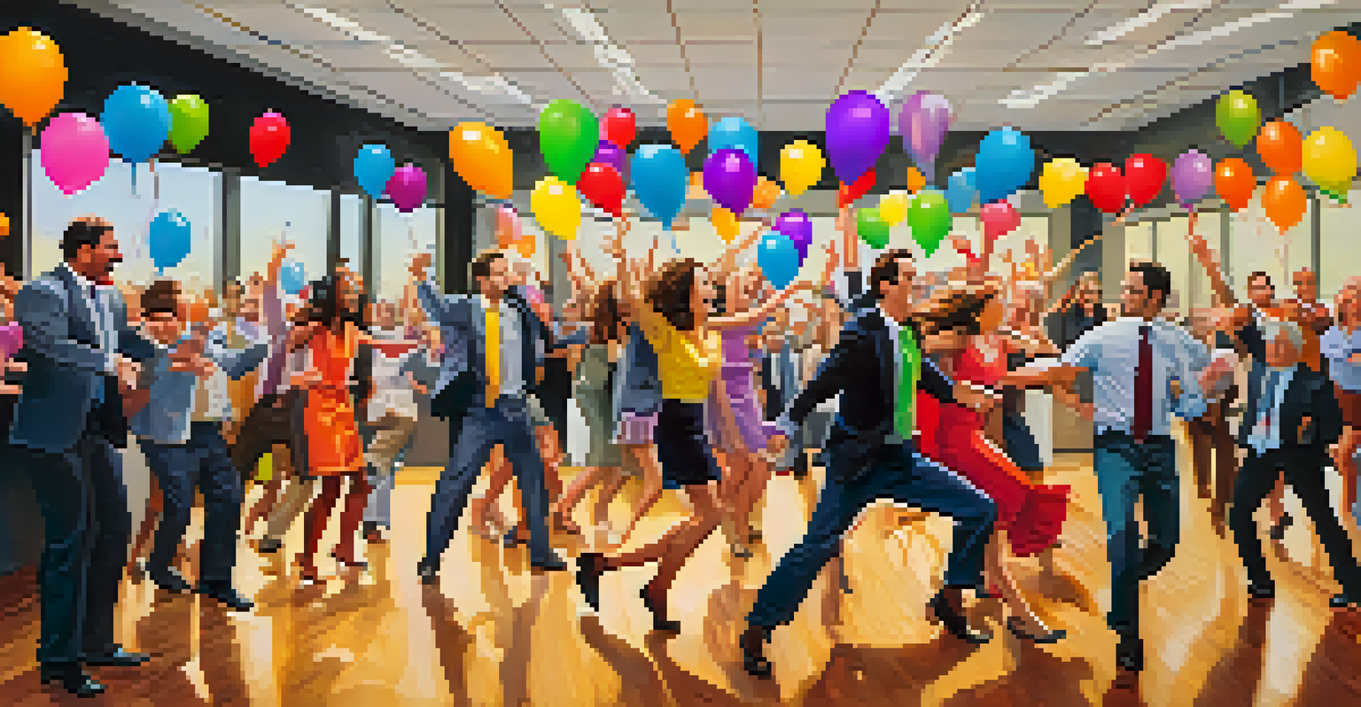 A flash mob dance scene in an office, with employees joyfully dancing together amidst festive decorations.