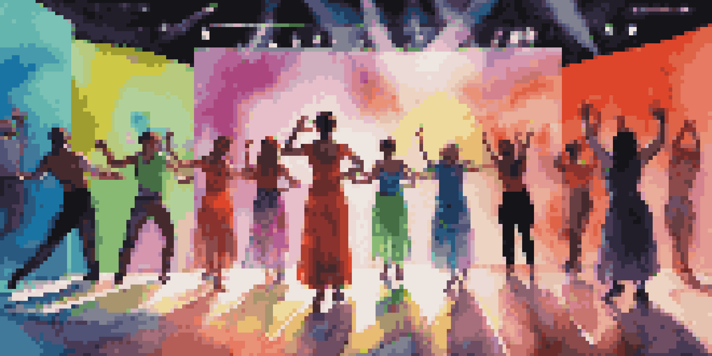 A lively dance performance with colorful costumes and engaging audience interaction through mobile devices and augmented reality effects.