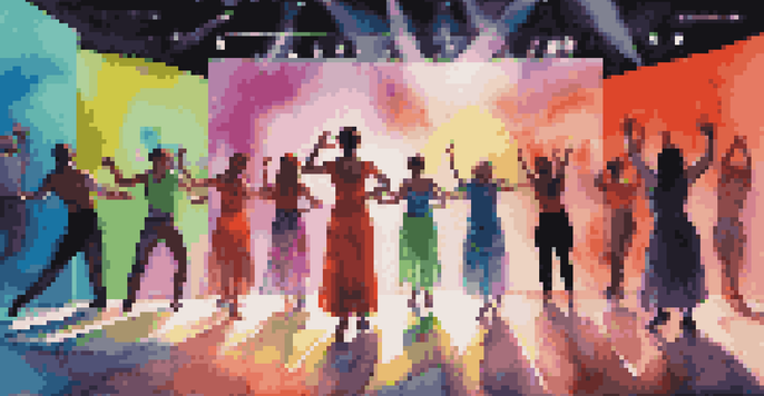 A lively dance performance with colorful costumes and engaging audience interaction through mobile devices and augmented reality effects.