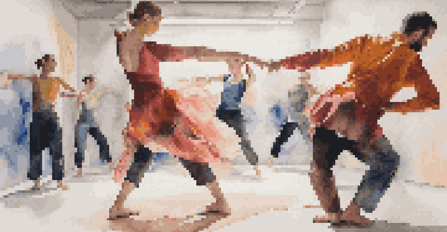 A choreographer dancing alongside a visual artist who paints on canvas, with bright light illuminating the creative collaboration.
