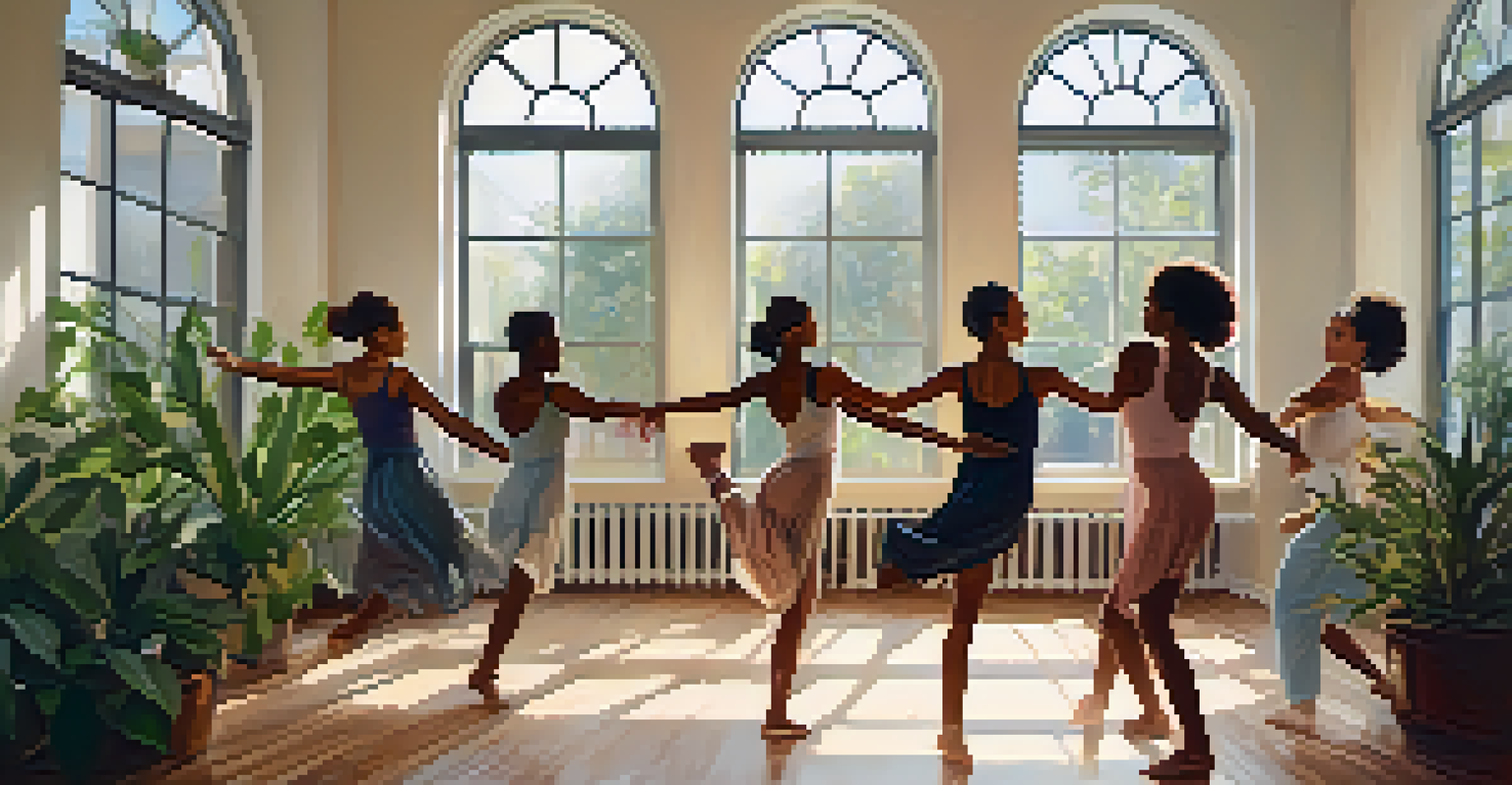 A small group of individuals engaged in a dance therapy session in a serene studio, expressing emotions through movement.