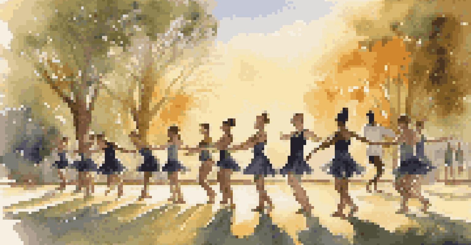 A group of dancers rehearsing outdoors in a park during sunset, showcasing their movements against a natural backdrop.
