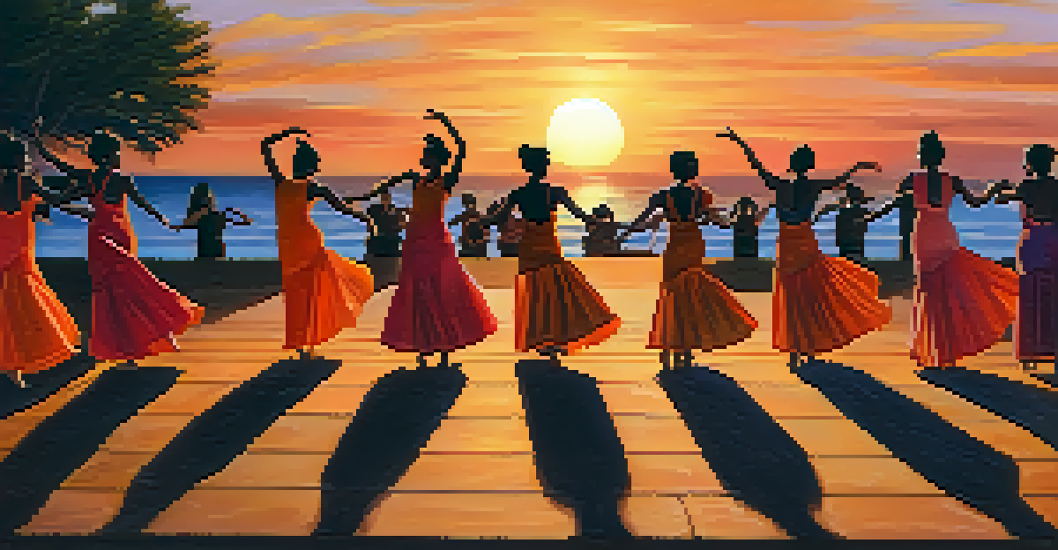 Outdoor dance performance at sunset with dancers in colorful costumes, performing a synchronized routine against a vibrant sky and an engaged audience.
