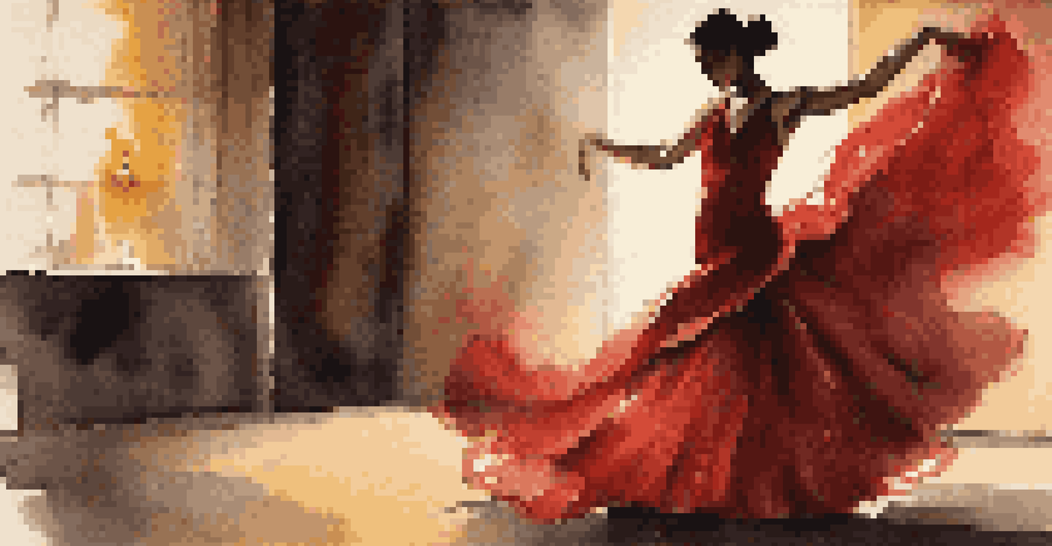 A Flamenco dancer in a red dress performing in a dimly lit room, with shadows on the walls and instruments nearby, creating a warm cultural atmosphere.