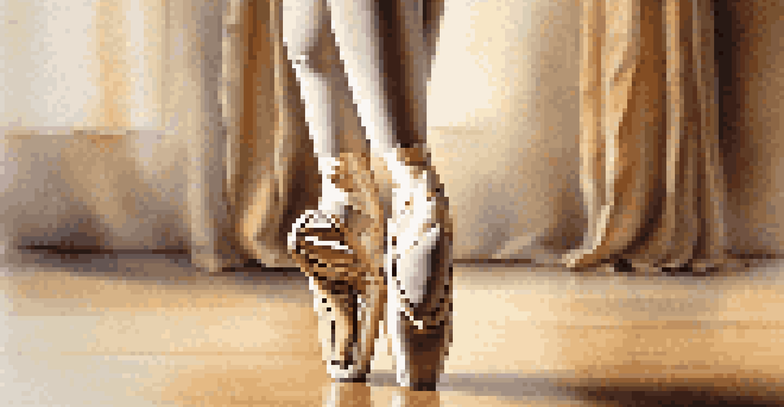 Close-up of a dancer's feet in ballet shoes performing on a wooden floor with a blurred background.