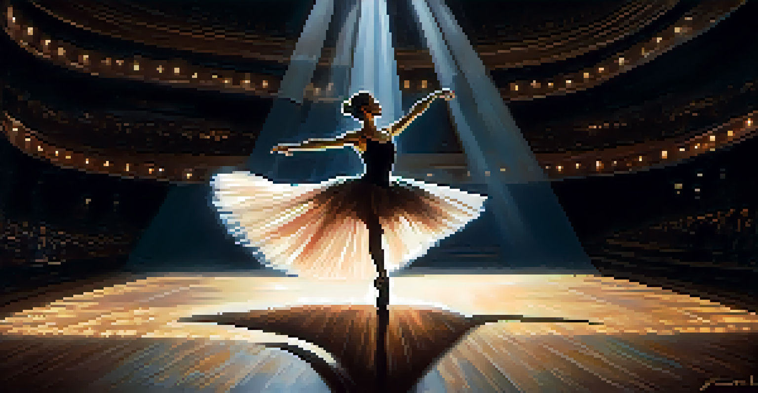A ballerina dancing under a spotlight on stage, showcasing elegance and emotion in her posture and flowing tutu against a dark background.