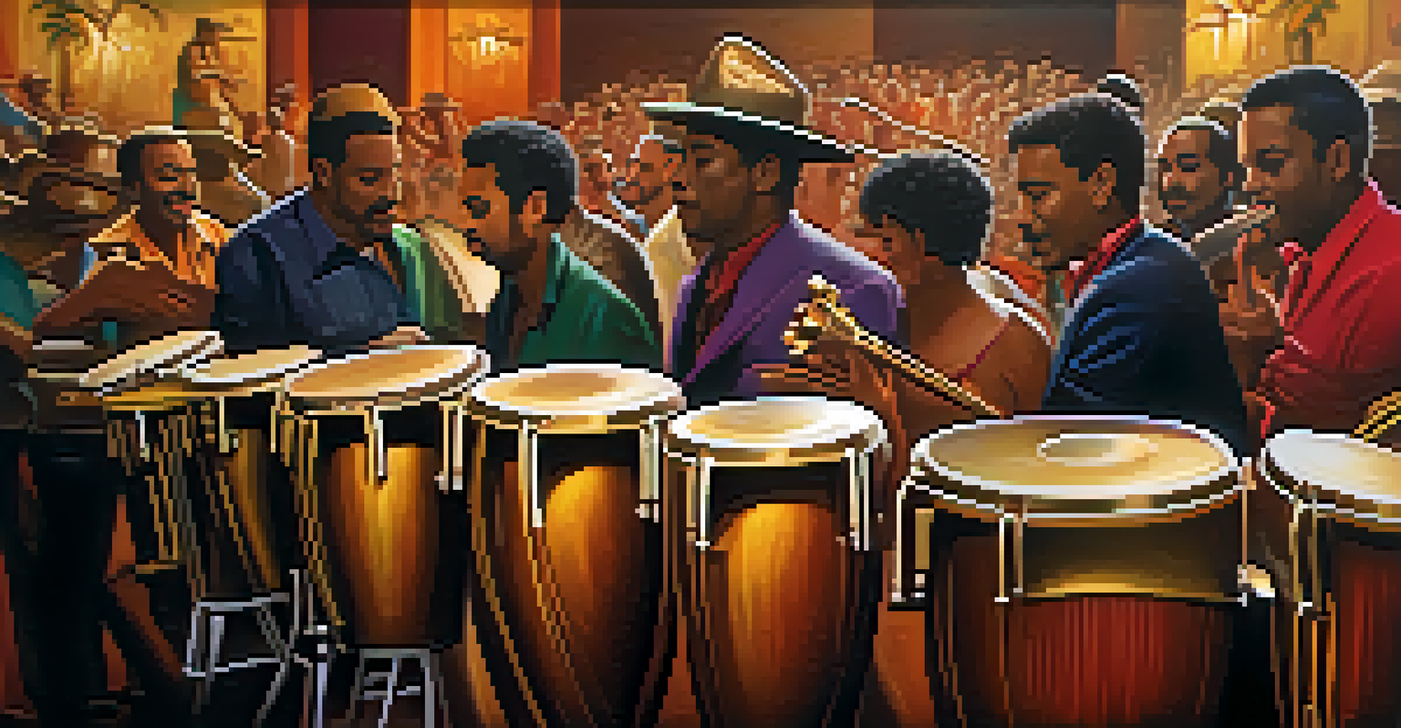 A close-up of conga drums with brass instruments in a warm-lit salsa band setting, highlighting the vibrant musical atmosphere.