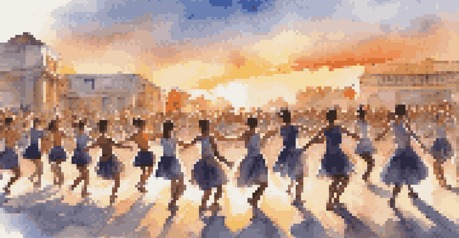 A flash mob of young dancers performing in front of an audience, with banners promoting social causes and a sunset backdrop.